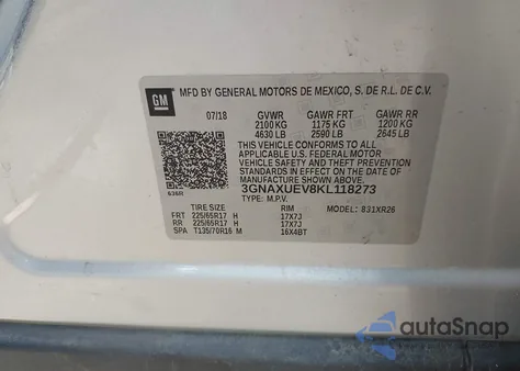 2019 Chevrolet Equinox Lt из США, поврежденный, VIN 3GNAXUEV8KL118273